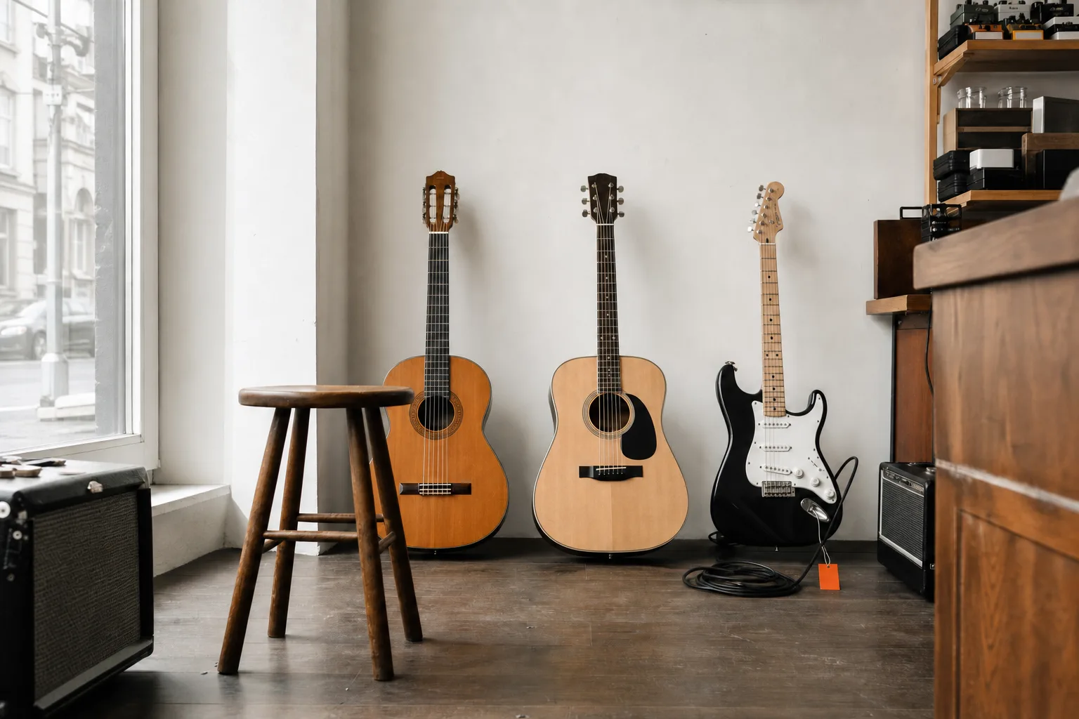 O chitară clasică, una acustică și una electrică într-un magazin de instrumente