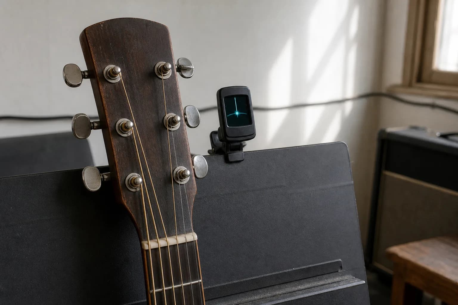 Capul unei chitare acustice lângă un acordor cromatic cu indicator teal
