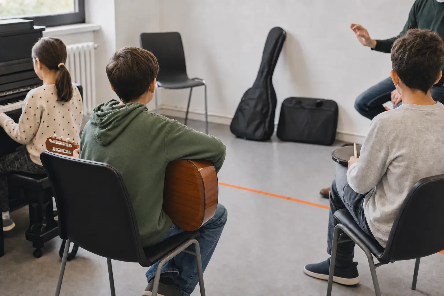 Trei copii participă la o lecție de muzică în grup