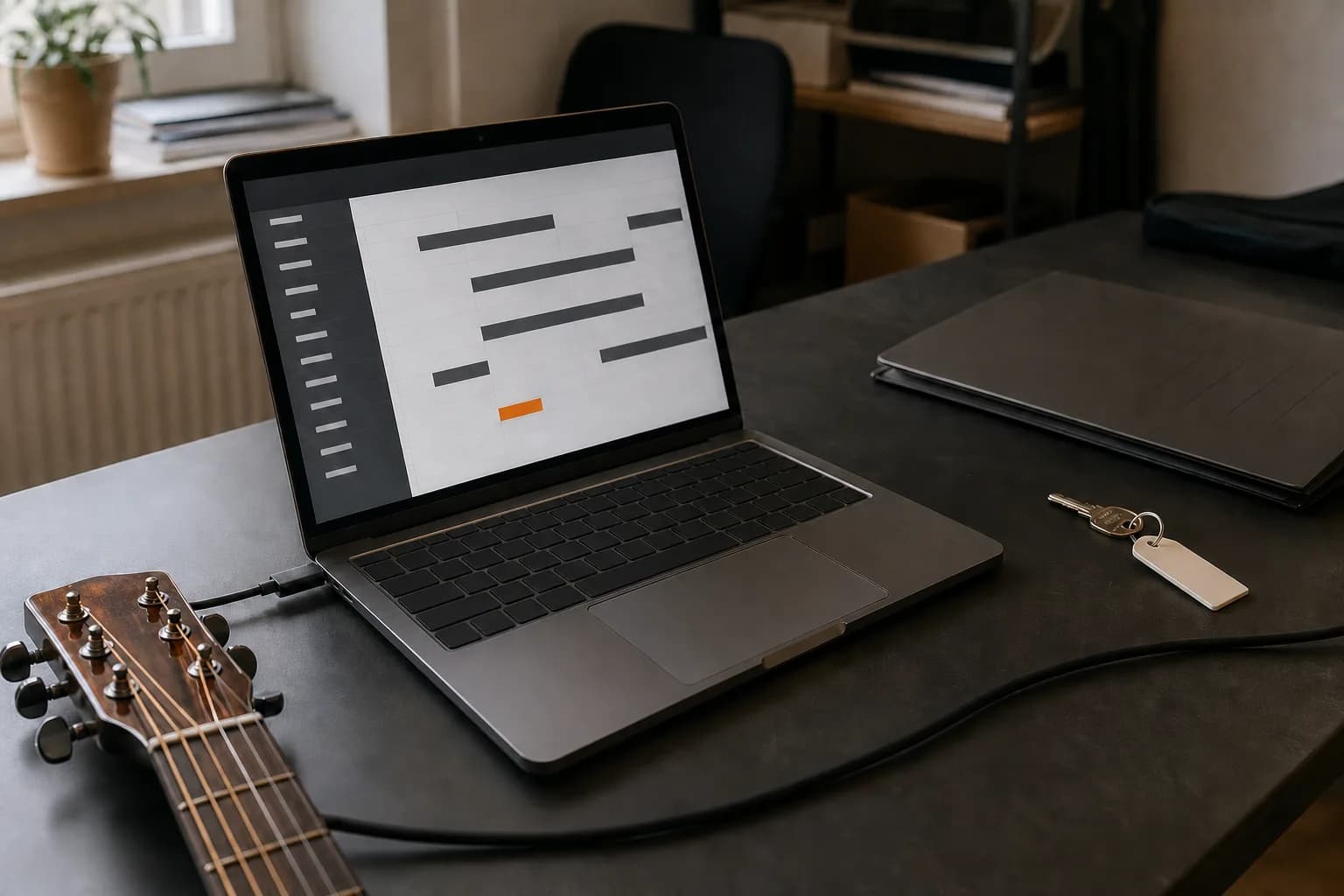 Un laptop cu un calendar organizat, lângă o chitară și cheia unei săli