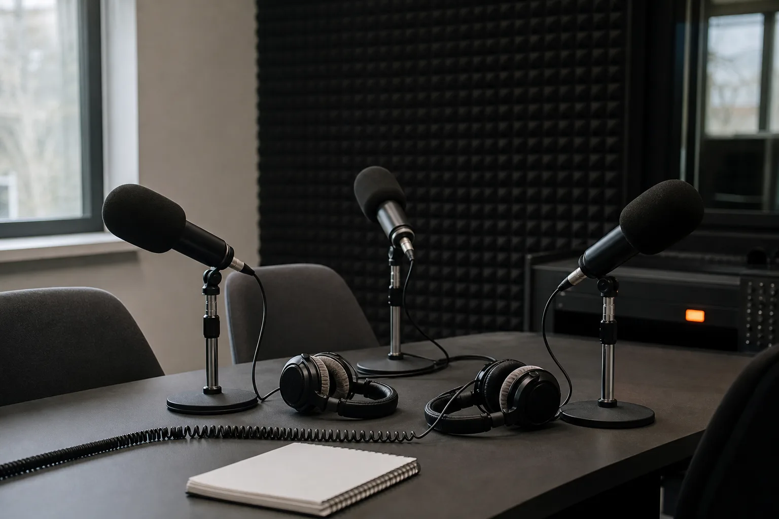 Trei microfoane și două perechi de căști pregătite într-un studio radio