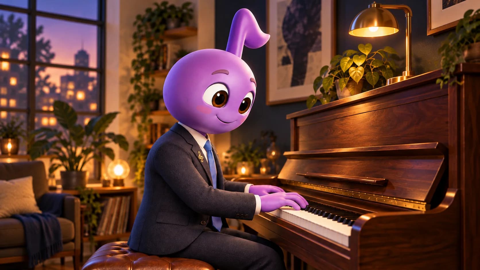 Tony exersează la un pian într-un studio luminat seara