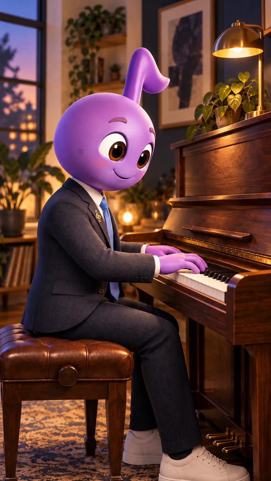 Tony exersează la un pian într-un studio luminat seara