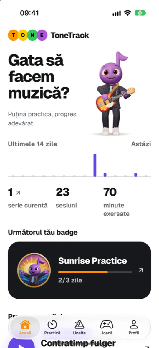 Ecranul Acasă din ToneTrack Studio, cu Tony care cântă la chitară
