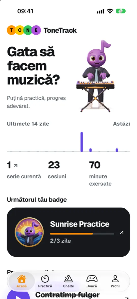 Ecranul Acasă din ToneTrack Studio, cu Tony care cântă la pian