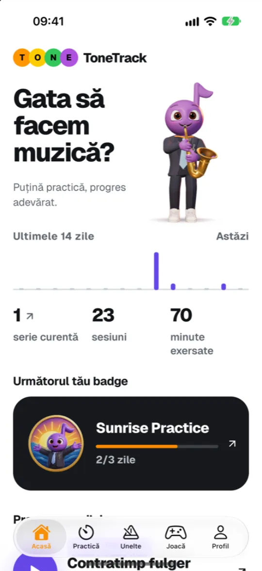 Ecranul Acasă din ToneTrack Studio, cu Tony care cântă la saxofon