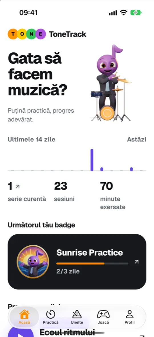 Ecranul Acasă din ToneTrack Studio, cu Tony care cântă la tobe