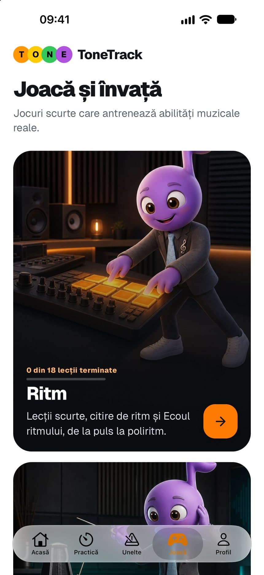 Ecranul Joacă din ToneTrack cu jocuri pentru ritm, tempo, note și acorduri