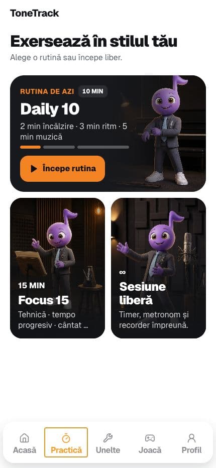 Ecranul Practică din ToneTrack cu rutinele Daily 10, Focus 15 și Sesiune liberă