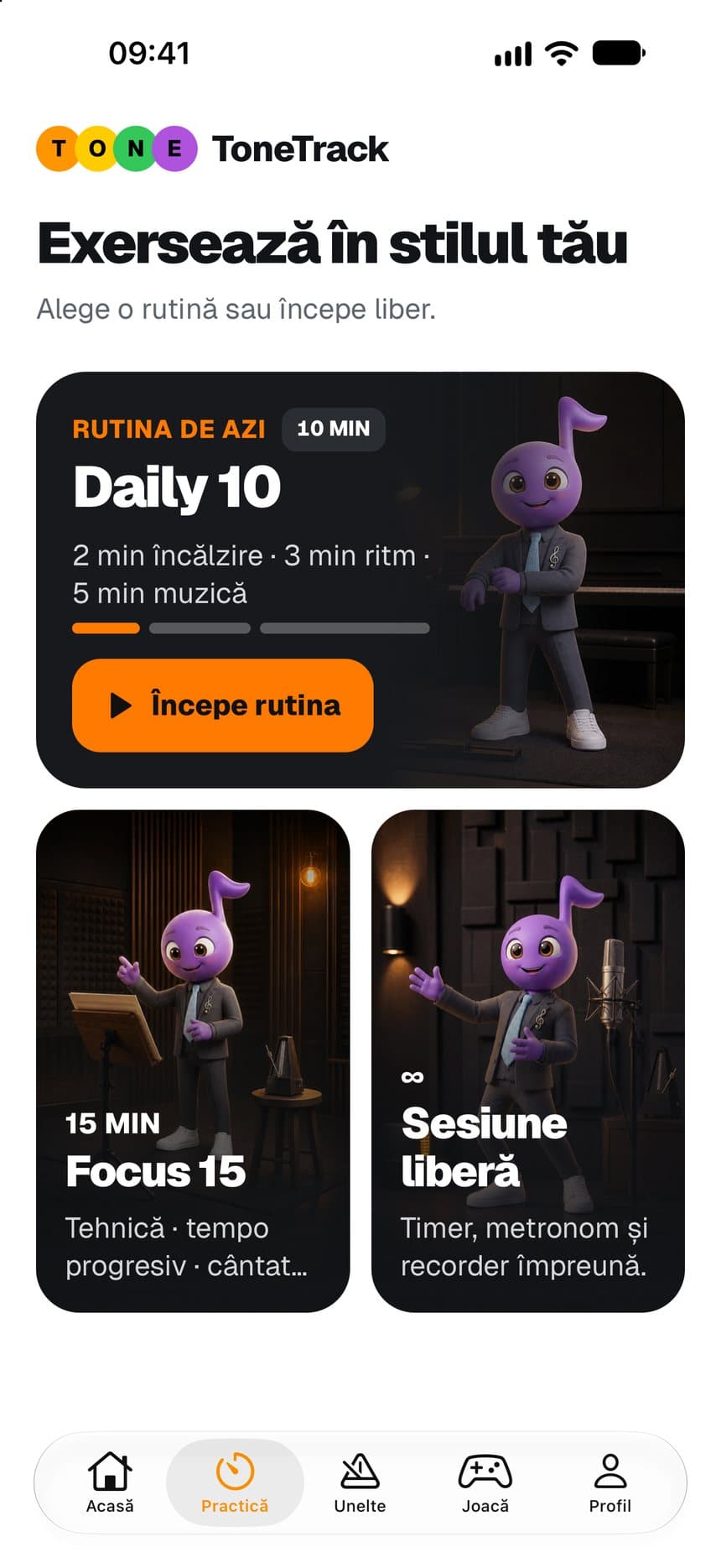 Ecranul Practică din ToneTrack cu rutinele Daily 10, Focus 15 și Sesiune liberă