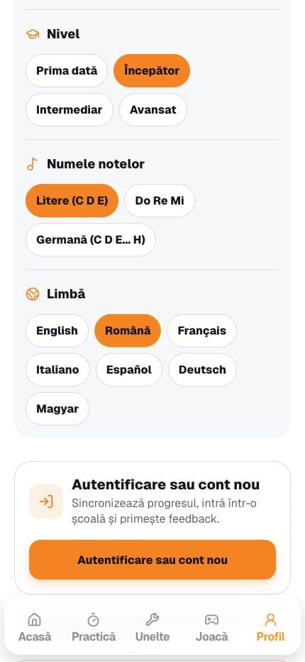 Ecranul Profil ToneTrack cu progres și setări de confidențialitate
