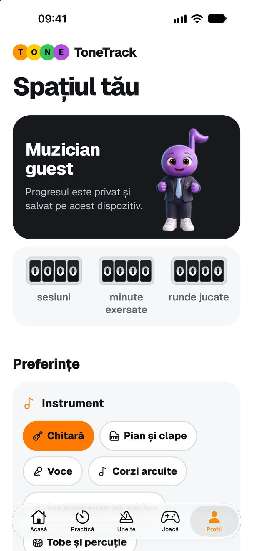 Ecranul Profil ToneTrack cu progres și setări de confidențialitate
